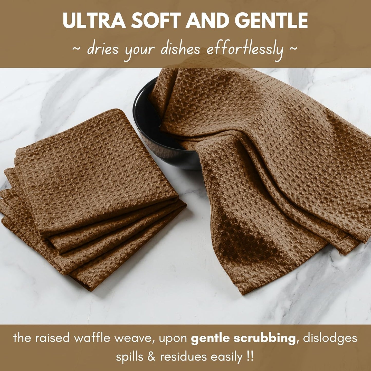 Native Fab Cotton Dish Towel 4 Pack Waffle Weave Tea Towels for Cleaning Drying, 16x26 inches, Soft & Absorbent Washcloths, Kitchen Towel with Hanging Loop, Dish Cloth Set, Brown