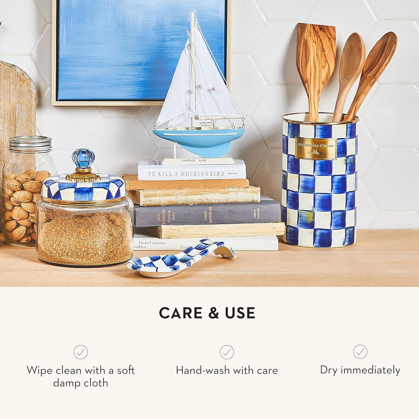 MACKENZIE-CHILDS Enamel Utensil Holder, Kitchen Utensil Holder for Countertop, Storage Caddy, Blue-and-White Royal Check