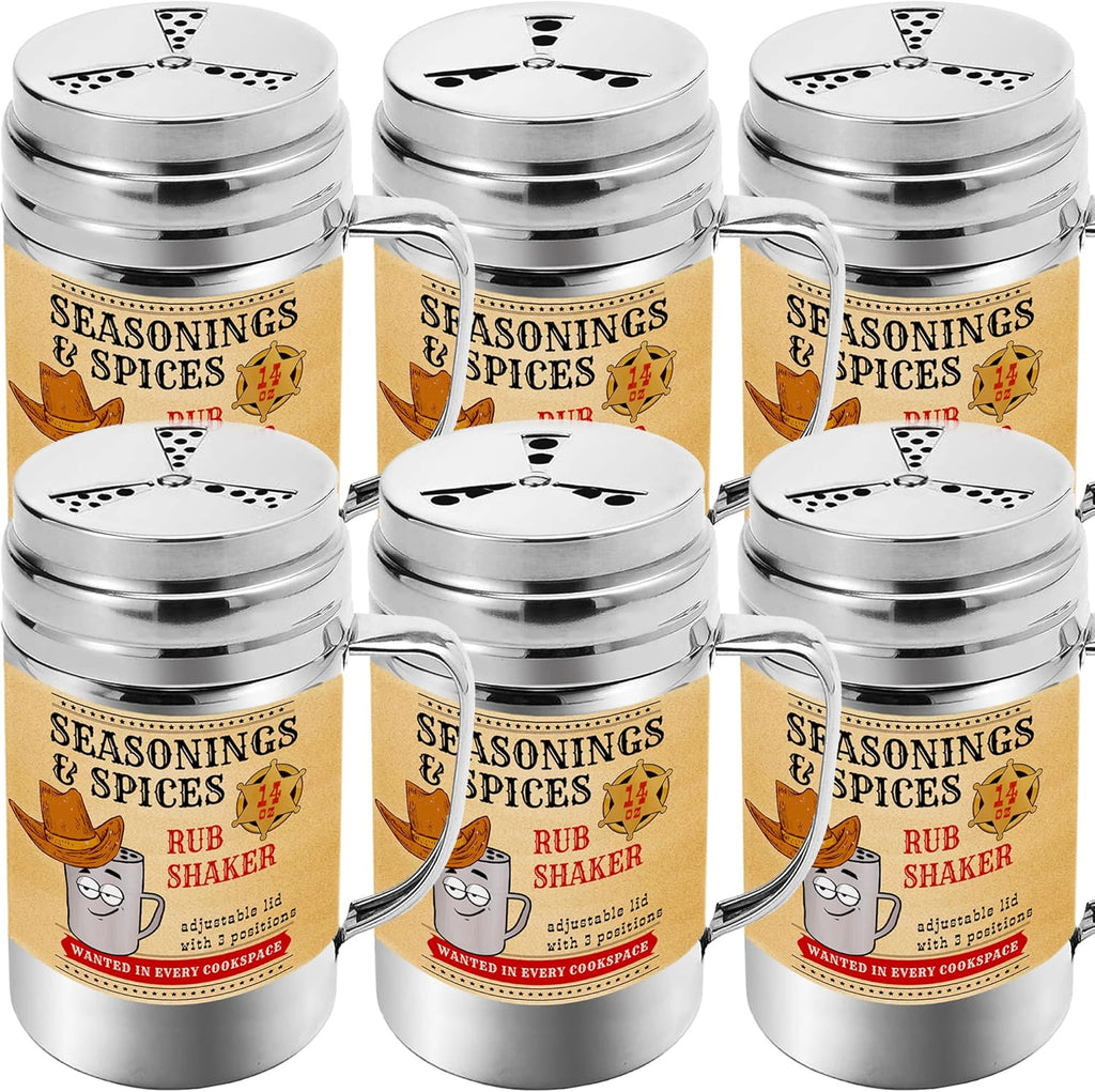 CUSINIUM [Pack of 6] 14 oz Seasonings Spice Shakers - BBQ Dry Rub Shakers - Cooking Dredge with Adjustable Fan-Style Lid and Handles