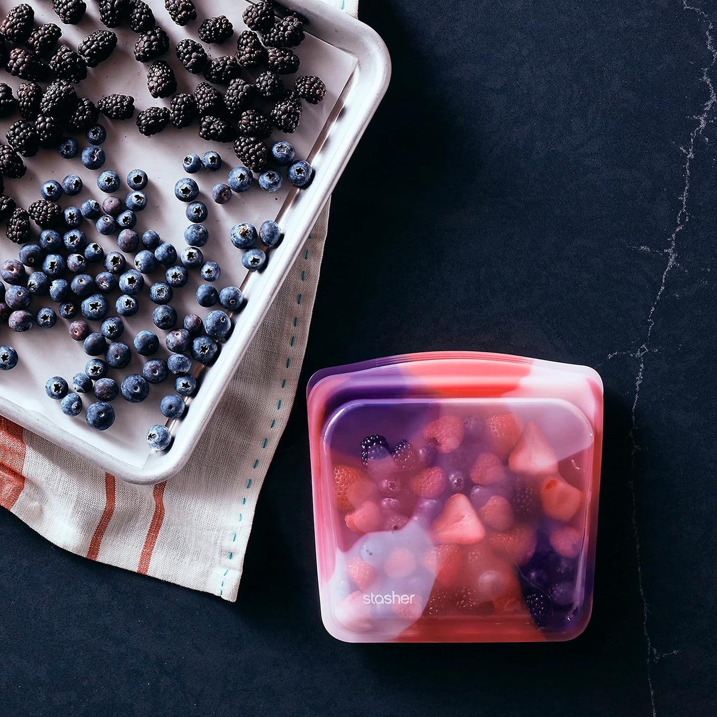 Stasher Premium Silicone Reusable Food Storage Sandwich Bag, Tie Dye Pink, Microwave, Sous Vide, Dishwasher, Oven and Freezer Safe, BPA Free, Leak-free, Eco-friendly, 28 Oz