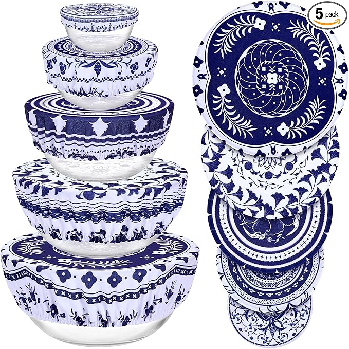 5 Pieces Bowl Covers Reusable, 5 Multi-Size Elastic Cloth Fabric Bowl Covers by Revahope