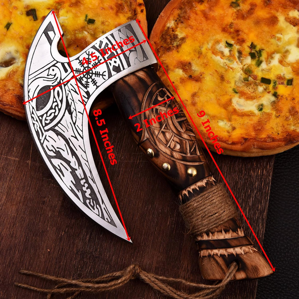 MR. CRAFT Pizza Cutter Axe Carbon Steel Slicer Chef Viking Axe with Leather Cover - Premium Pizza Oven Accessories Ulu Rocking Pizza Gifts for Men (Engraved Ash Wood)