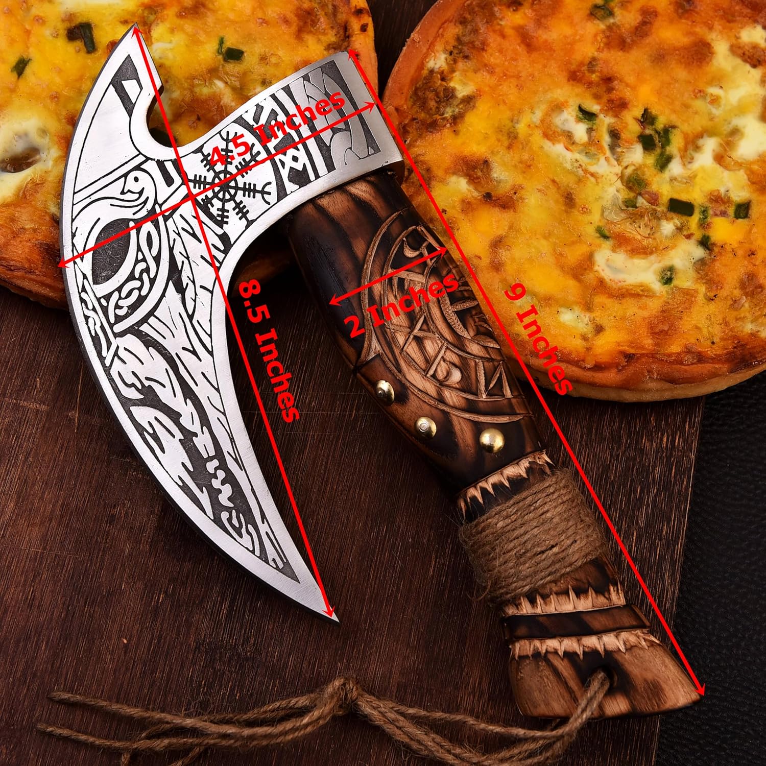 MR. CRAFT Pizza Cutter Axe Carbon Steel Slicer Chef Viking Axe with Leather Cover - Premium Pizza Oven Accessories Ulu Rocking Pizza Gifts for Men (Engraved Ash Wood)
