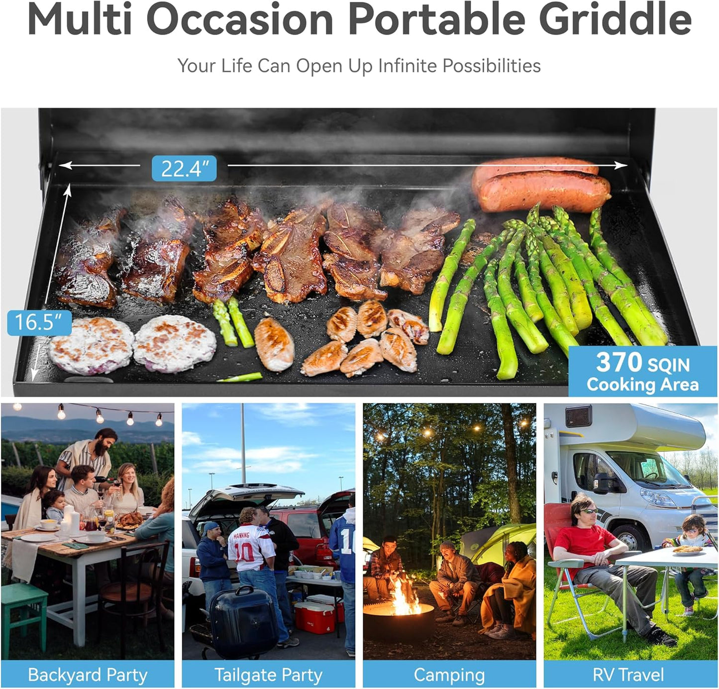 GREEN PARTY 22 inch Tabletop Griddle with Ceramic Coated Cast Iron Plate, 3 Burners Flat Top Griddle, Portable Propane Gas BBQ Grill Griddle for Kitchen Outdoor Cooking Barbecue Camping Tailgating