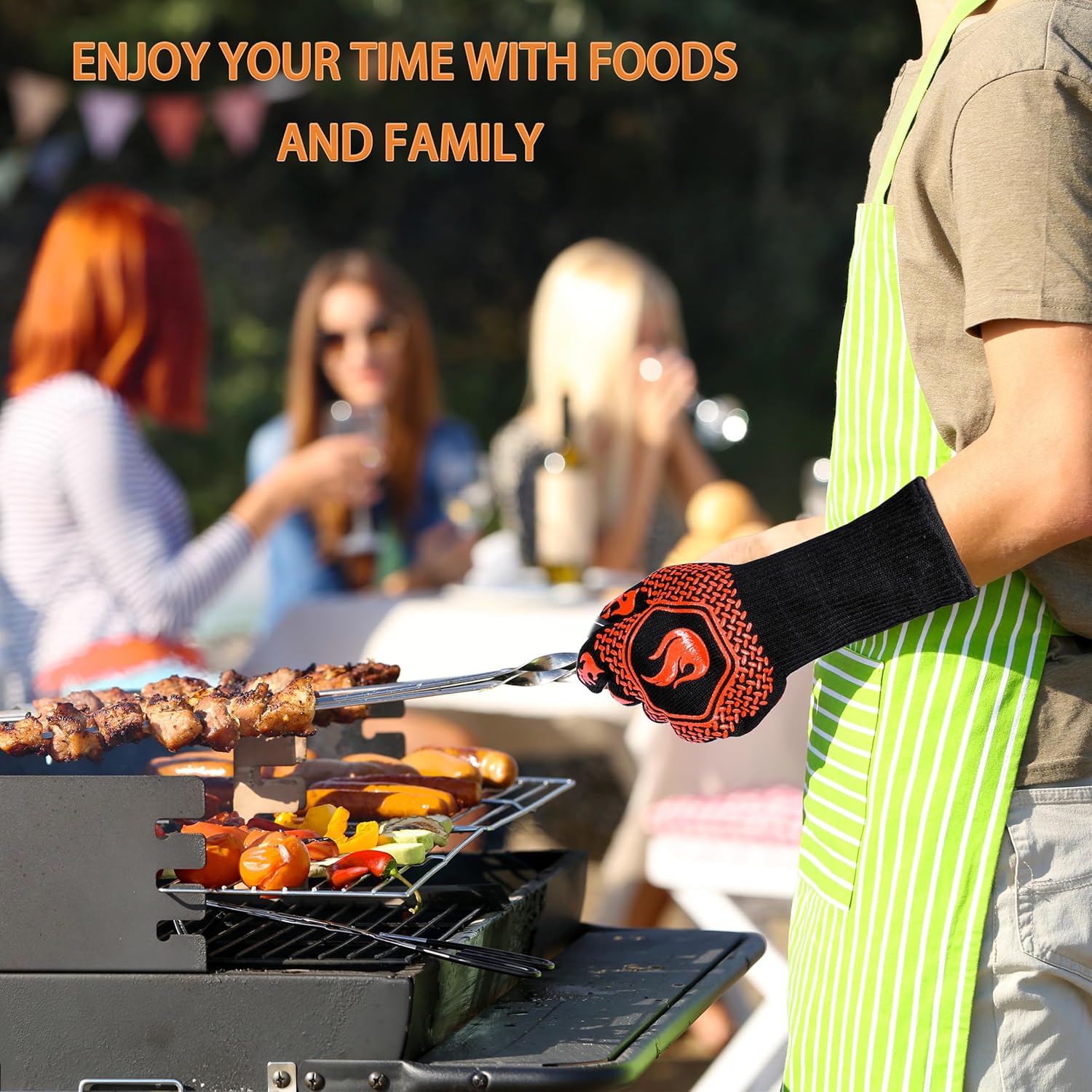 BBQ Fireproof Gloves, Grill Cut-Resistant Gloves 1472°F Heat Resistant Gloves, Non-Slip Silicone Oven Gloves, Kitchen Safe Cooking Gloves for Oven Mitts,Barbecue,Cooking, Frying,13.5 Inch-Orange