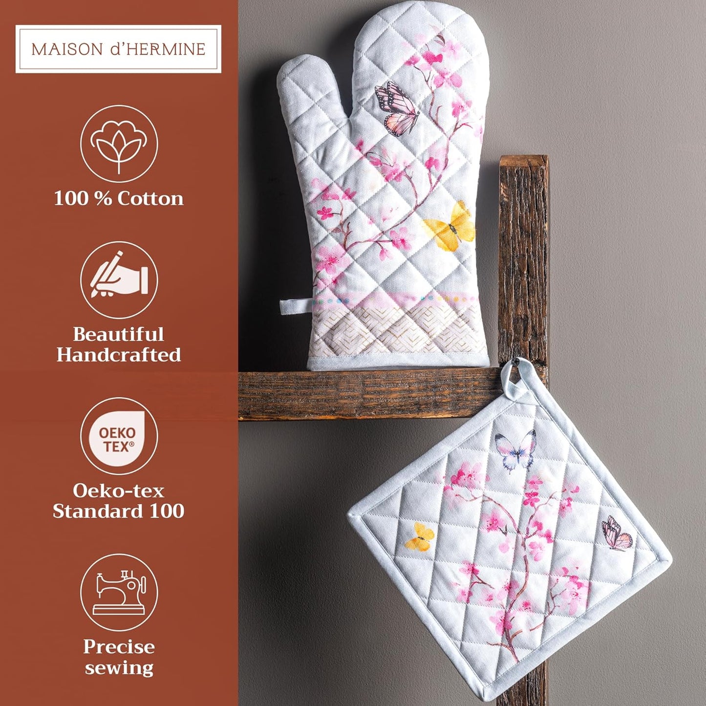 Maison d' Hermine 100% Cotton Oven Mitt & Pot Holder Set (7.5"x13" & 8"x8") Heat Resistant BBQ Cooking Gloves with Loop, Baking, Grilling, Kitchen, Handling Hot Pans Spring/Summer (Blossoms In Spring)