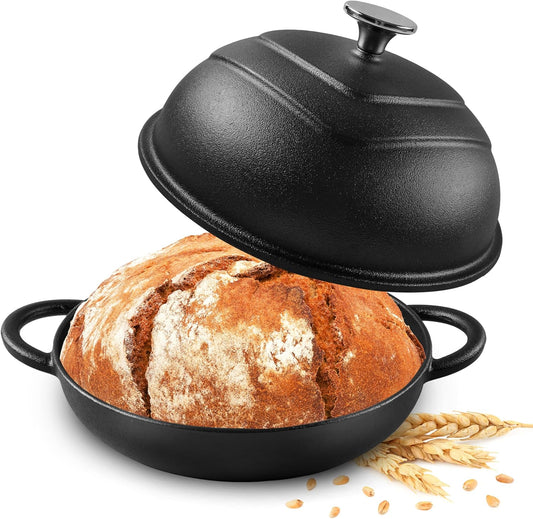 MGKKT Enamelled Cast Iron Dutch Oven with Cloche Lid, 5QT Round Bread Pot for Sourdough Bread Baking, Baking Enthusiast Gift, Cast Iron Bread Oven, Black