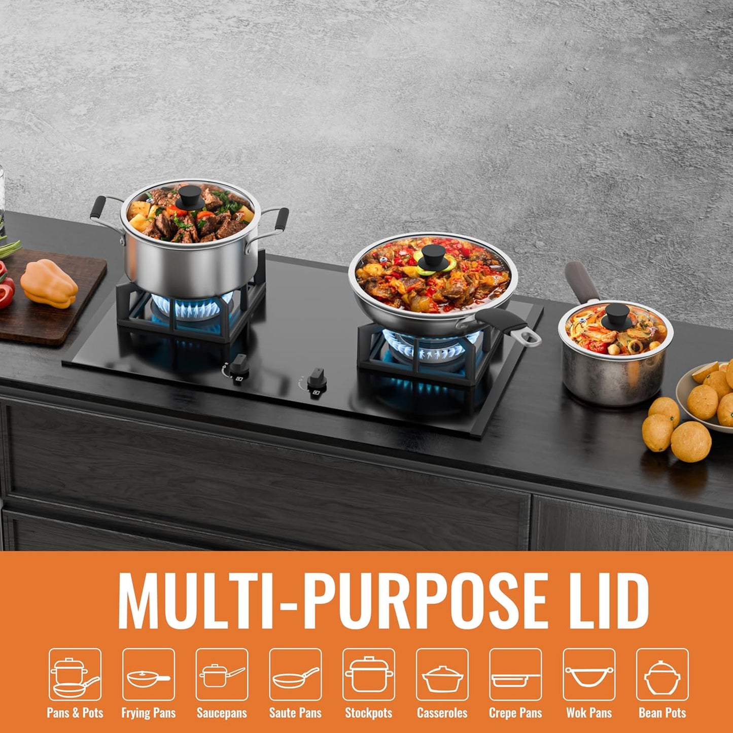 8 Inch Pan Lid For Pots Pans and Skillets, Cast Iron Skillet Lid, Tempered Glass Pan Lids, Replacement Pan Cover for Frying, Wok, Crock Pot Lid with Wide Stainless Steel Rim, Cooking Pot Covers