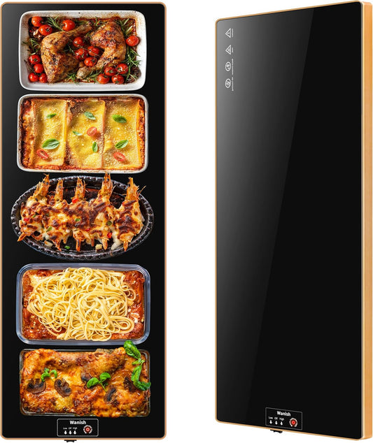 Electric Warming Tray（Extra Long 40”x12”），Food Warmer with Thermostat and Full Surface Heating，Food Warming Mat with 2 Temperature Modes for Parties Buffet，Gatherings，Gold Edge Warming Mat for Food