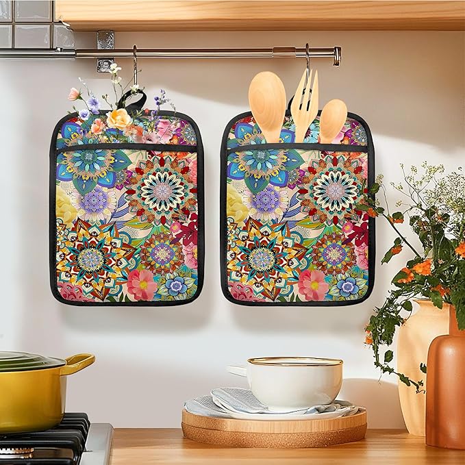 Boho Floral Oven Mitts Set, Vintage Luxury Colorful Flower Floral Heat - Image 3