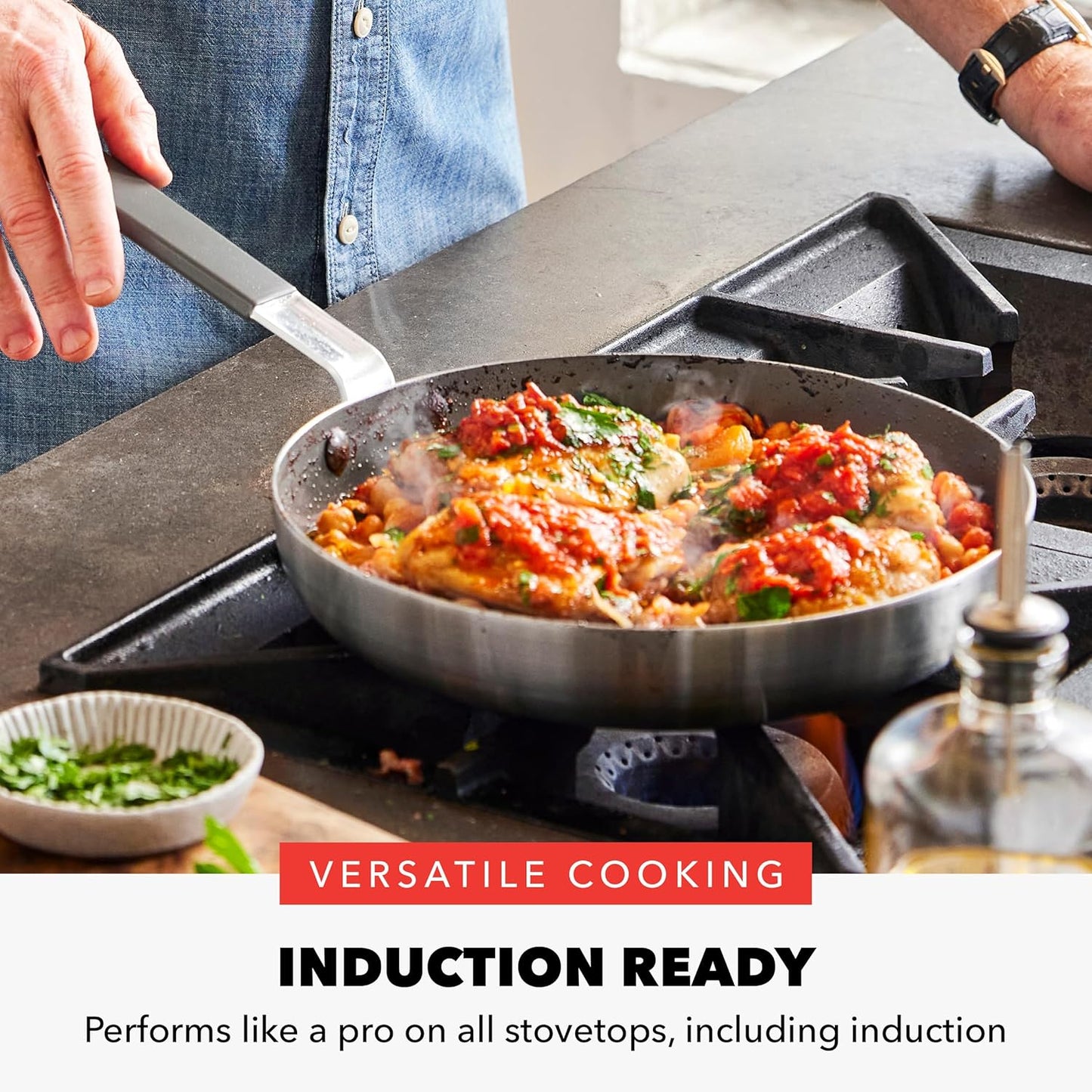 GreenPan x Bobby Flay Stainless Steel 12” Frying Pan Skillet & Glass Lid, Professional Grade Tri-Ply, Multiclad, PFAS-Free Ceramic Nonstick, Induction Suitable, Dishwasher & Oven Safe,Stay Cool Handle