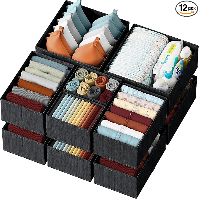 Drawer Organizer Clothes Set of 12 Black by Neaterize