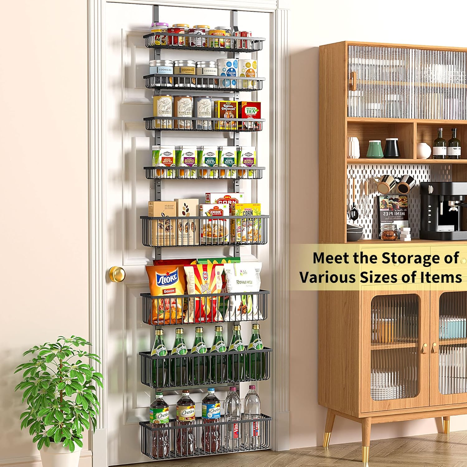Moforoco Over The Door Pantry Organizer, Pantry Door Organizer Shelves, Kitchen Organizers and Storage, Hanging Basket Wall Spice Rack Seasoning Shelves, Laundry Room Bathroom accessories（Black