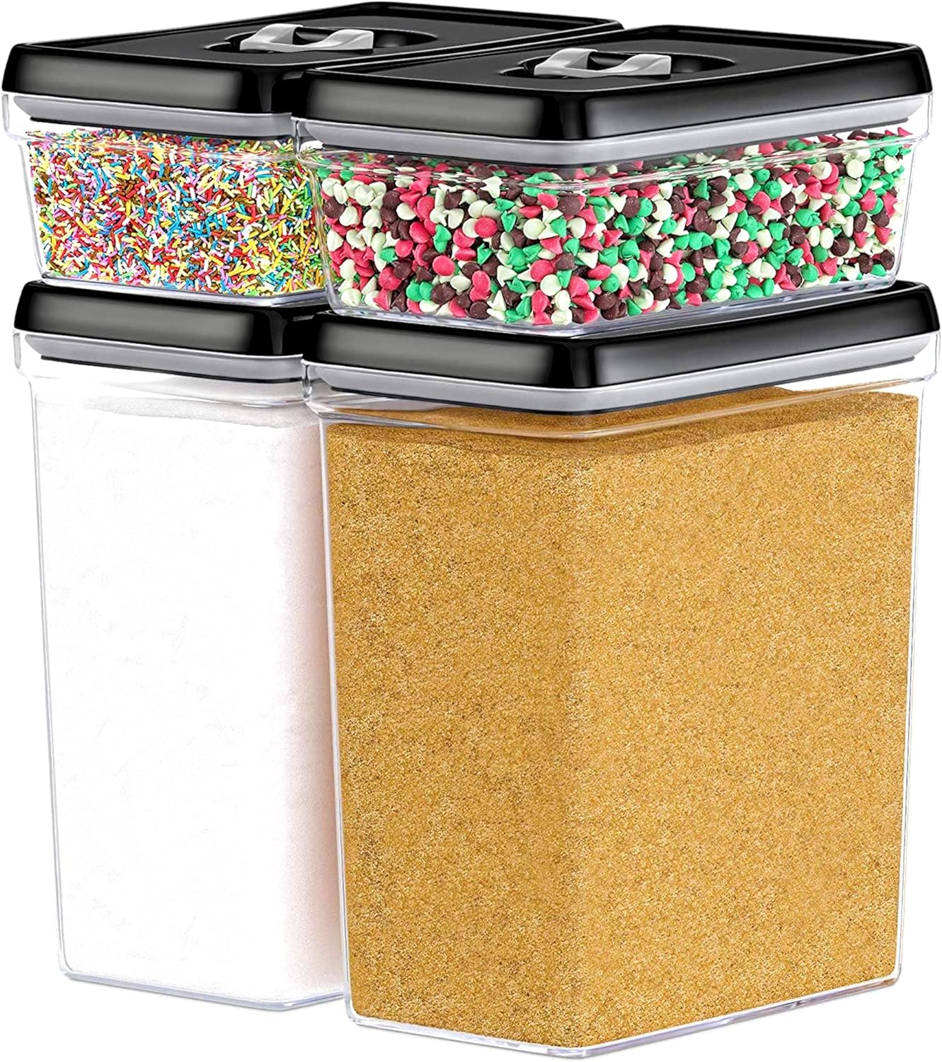 DWËLLZA KITCHEN Large Airtight Food Storage Containers - Clear Plastic Bulk Food Pantry & Kitchen Storage Containers for Flour, Sugar and Baking Supplies 4 Pcs. BPA-Free, Keeps Fresh & Dry (Black)