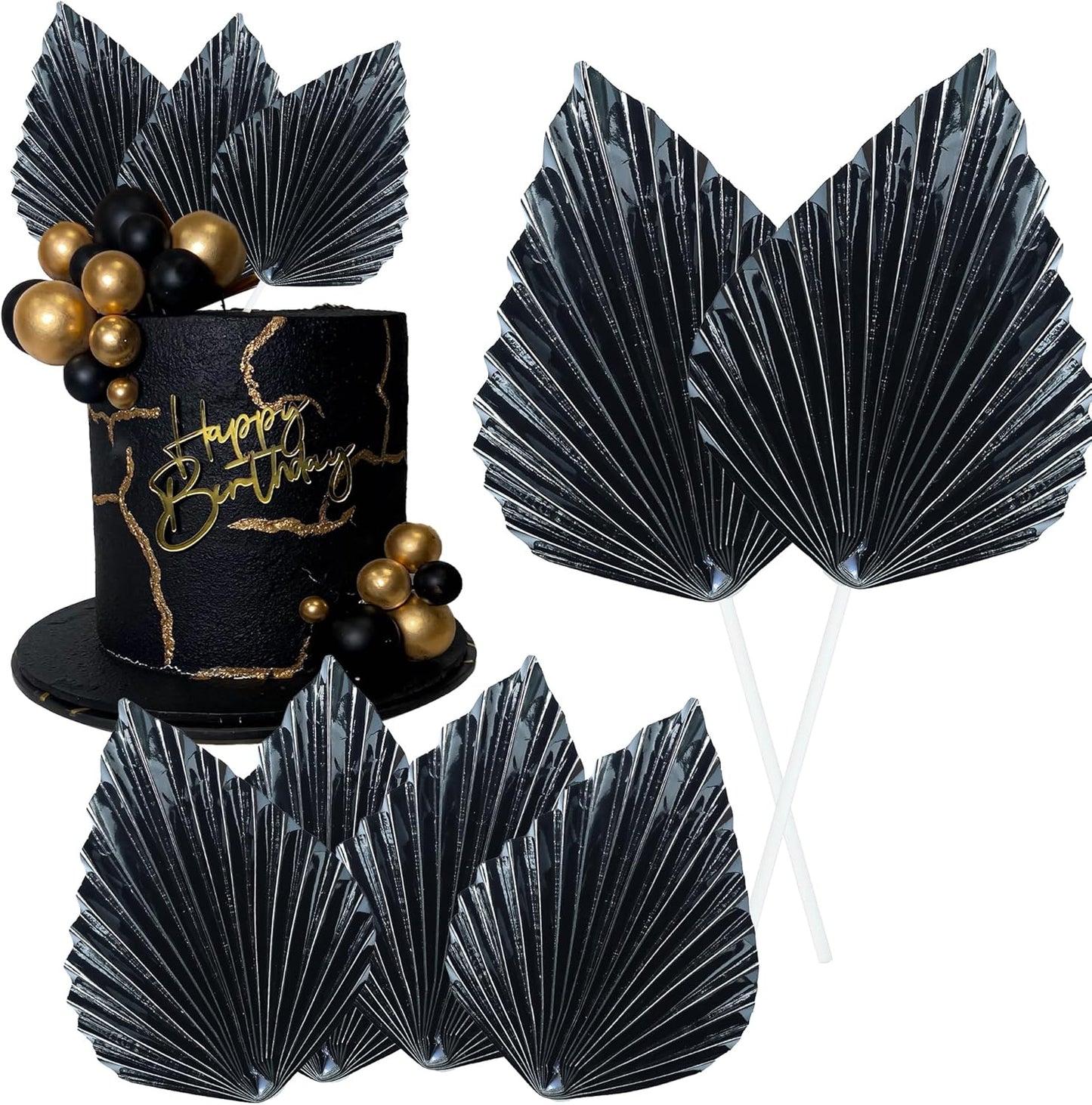 Gyufise 6Pcs Paper Palm Fan Cake Toppers Palm Spear Leaves Fan Cupcake Toppers Cake Insert Decorations Craft DIY Cake Bakeware Decoration for Birthday Party Wedding Party Decor Supplies Light Black
