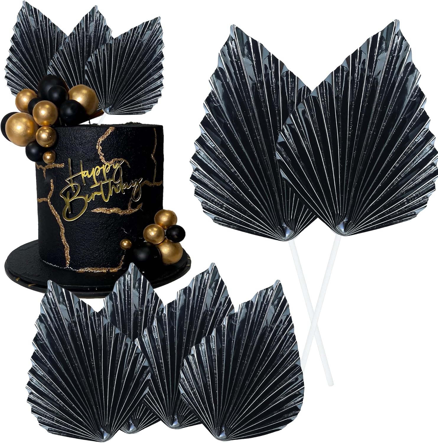 Gyufise 6Pcs Paper Palm Fan Cake Toppers Palm Spear Leaves Fan Cupcake Toppers Cake Insert Decorations Craft DIY Cake Bakeware Decoration for Birthday Party Wedding Party Decor Supplies Light Black