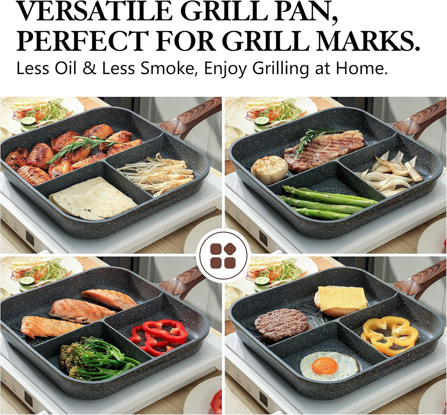 Sensarte Nonstick 11-Inch Square Grill Pan, 3-Section Versatile Breakfast Skillet, Die-cast Aluminum, PFOA, PFOS, APEO Free, Induction, Gas, Electric, Glass, Ceramic