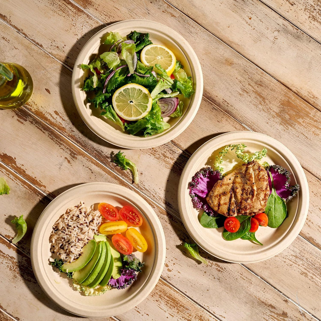 100% Compostable Paper Plates 150 Pack, 10 Inch Heavy Duty Biodegradable Microwavable Disposable Brown Dinner Plates, Made of Eco-Friendly, Natural Unbleached Sugarcane Bagasse