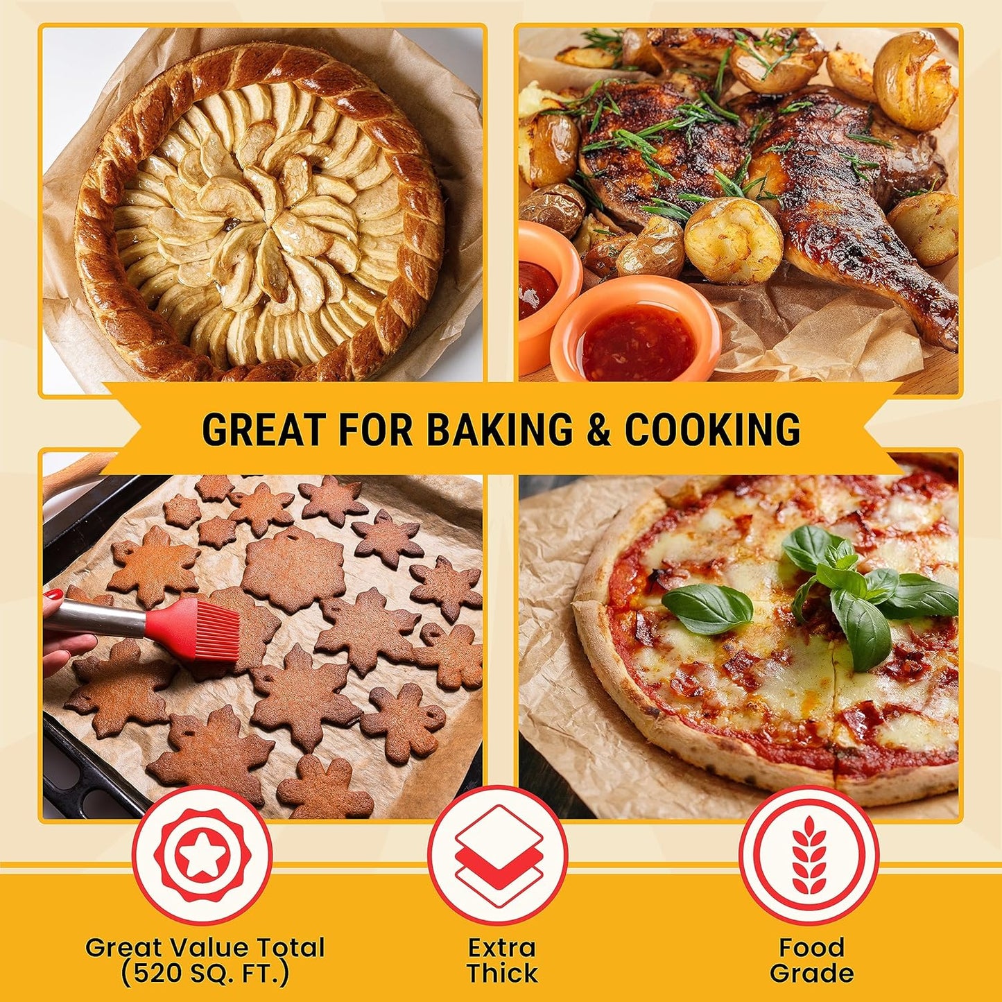 Unbleached Parchment Paper for Baking – 2-Pack 520 Sq.Ft Total - 15 in x 210 ft Baking Paper Roll with Cutter, Non-Stick Brown Parchment for Baking, Cooking, Grilling, Steaming by Baker’s Signature